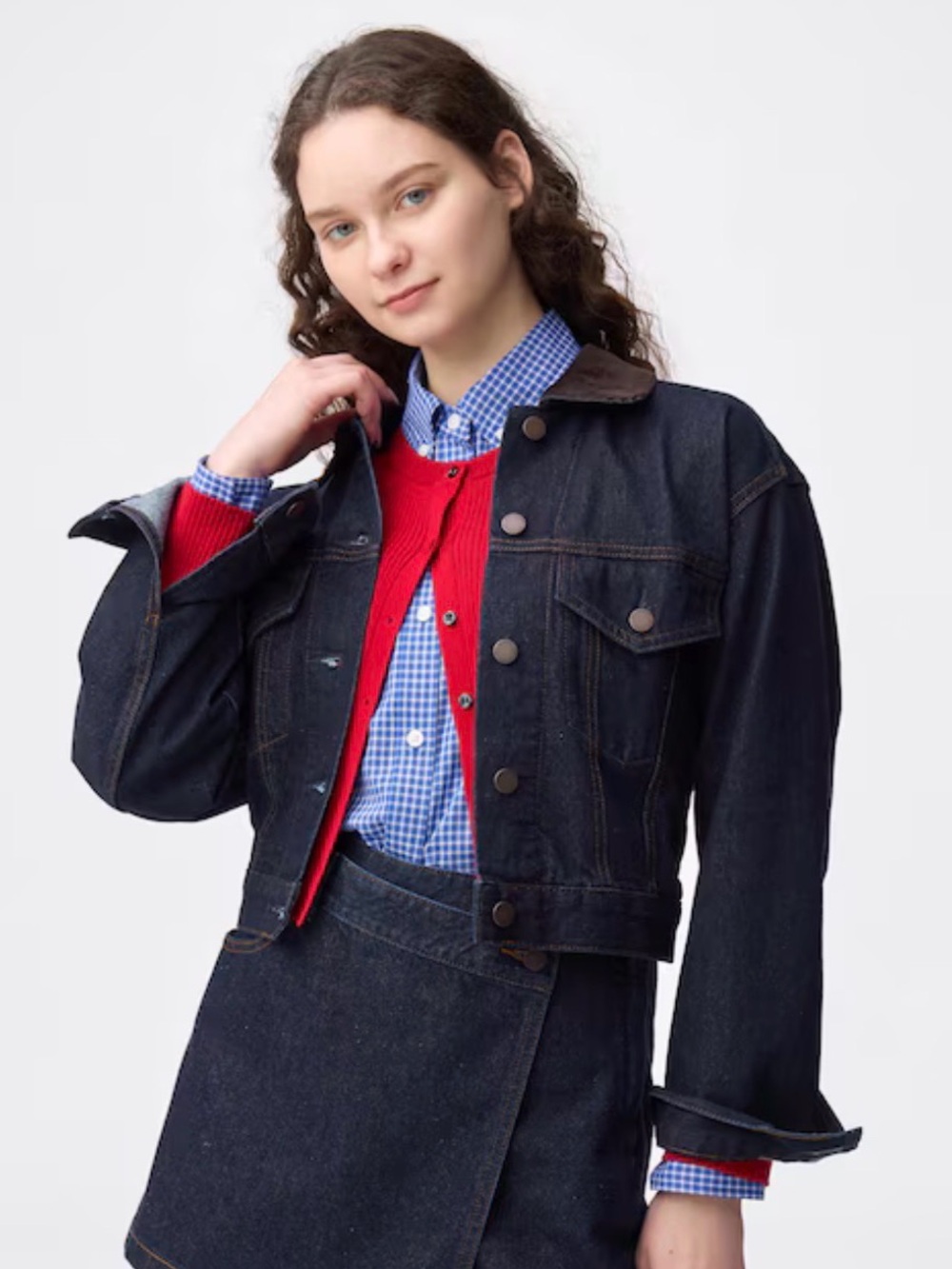 GU - Dark Indigo Denim Jacket with Contrast Brown Collar - Picture 2 of 5